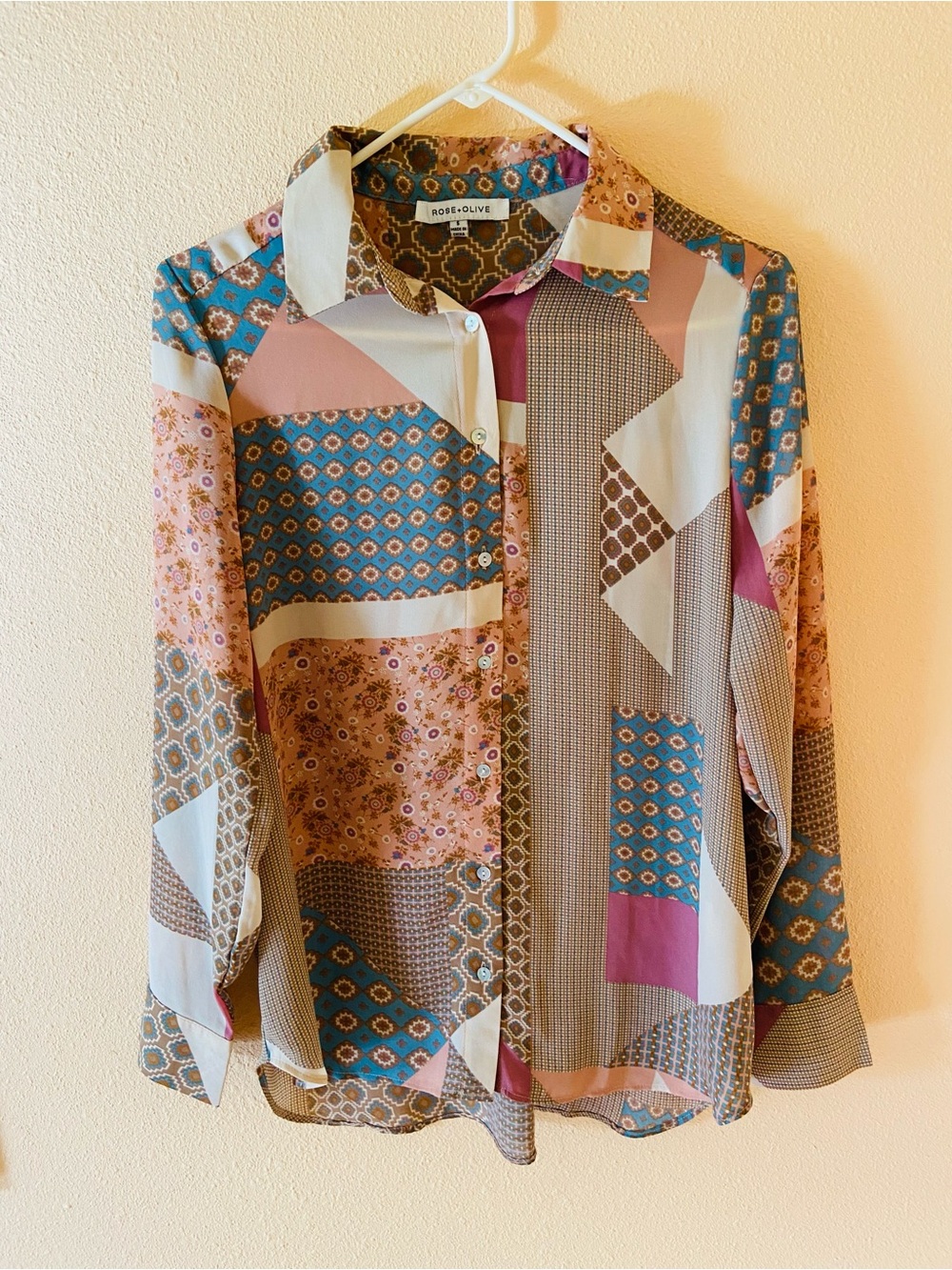 Women’s Rose + Olive Patchwork Long Sleeved Button Up Blouse, Size Small